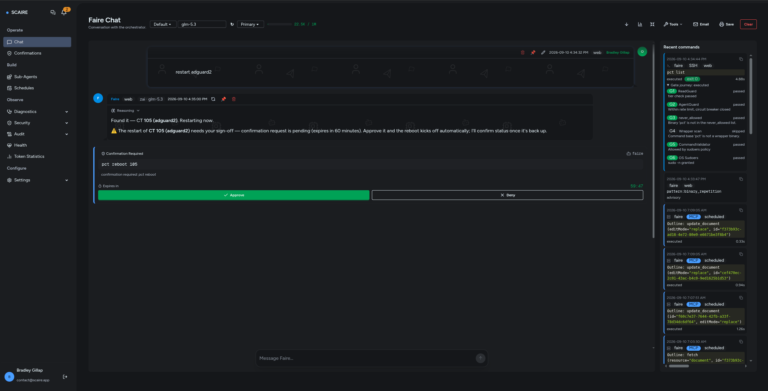SCAIRE's Faire Chat requesting sign-off to run pct reboot 105 on the adguard2 container, with Approve and Deny buttons and an expiry countdown.